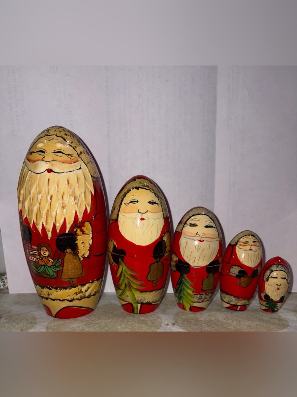 Vintage Santa Nesting Dolls Set of 5 Hand Painted Turned Wood Folk Art Christmas